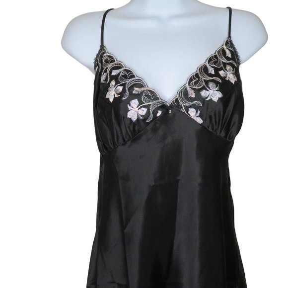 Vintage Shirley of Hollywood Knee Length Satin Slip Nightgown L Black Embroidery - Picture 3 of 12